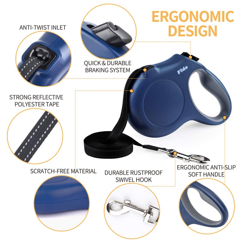 Fida Retractable Dog Leash with Dispenser and Poop Bags, 10 ft Pet Walking Leash for X-Small Dog or Cat up to 18 lbs, Anti-Slip Handle, Tangle-Free, Reflective Nylon Tape (XS, Navy Blue) - Image 3
